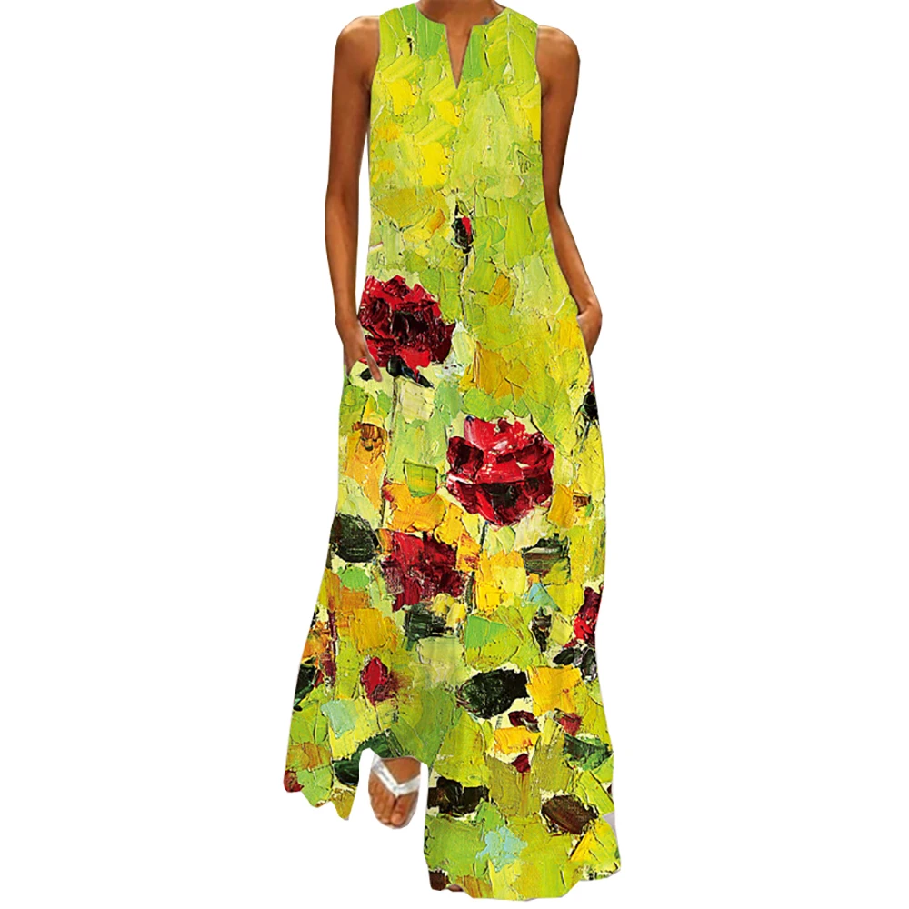 

Women's 2021 Floral Print Green Dress Women Long Casual Plus Size Dresses Summer Woman Sleeveless Girls Beach Maxi Dress Women