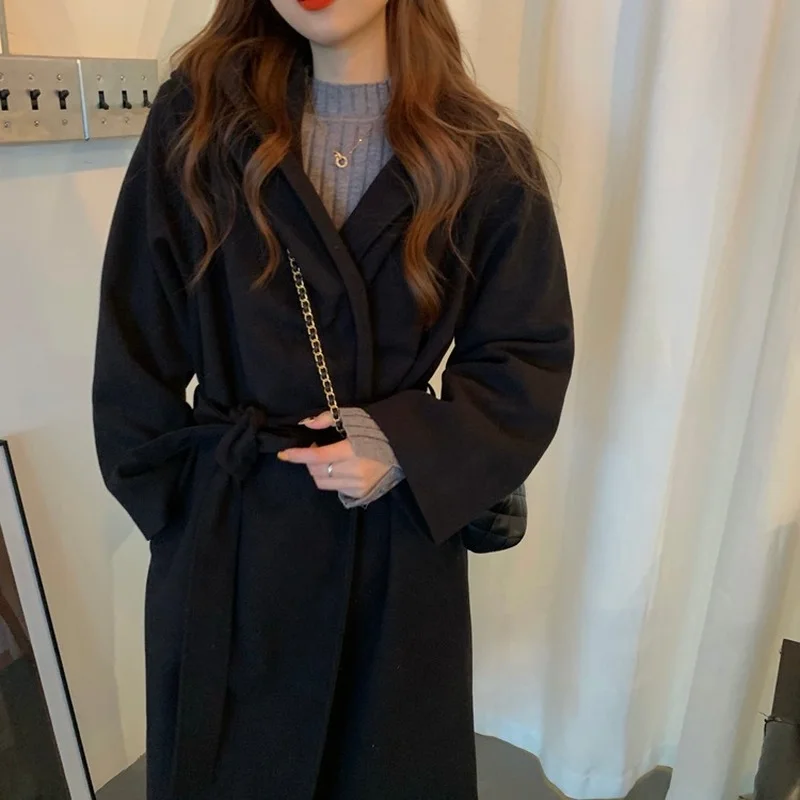 Женское черное шерстяное пальто с капюшоном Ulzzang Chic теплая Повседневная