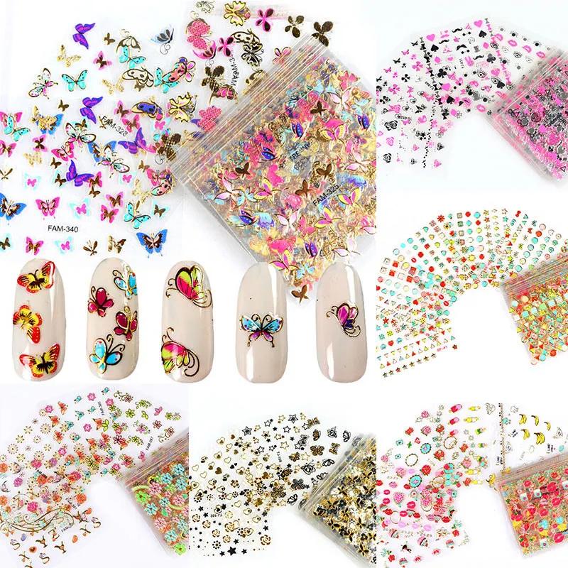 30Pcs/Set 3D Manicure Nail Art Stickers Nail Foil Butterfly Nail Decals Flower Design Colorful Decals Mixed Designs Adhesive