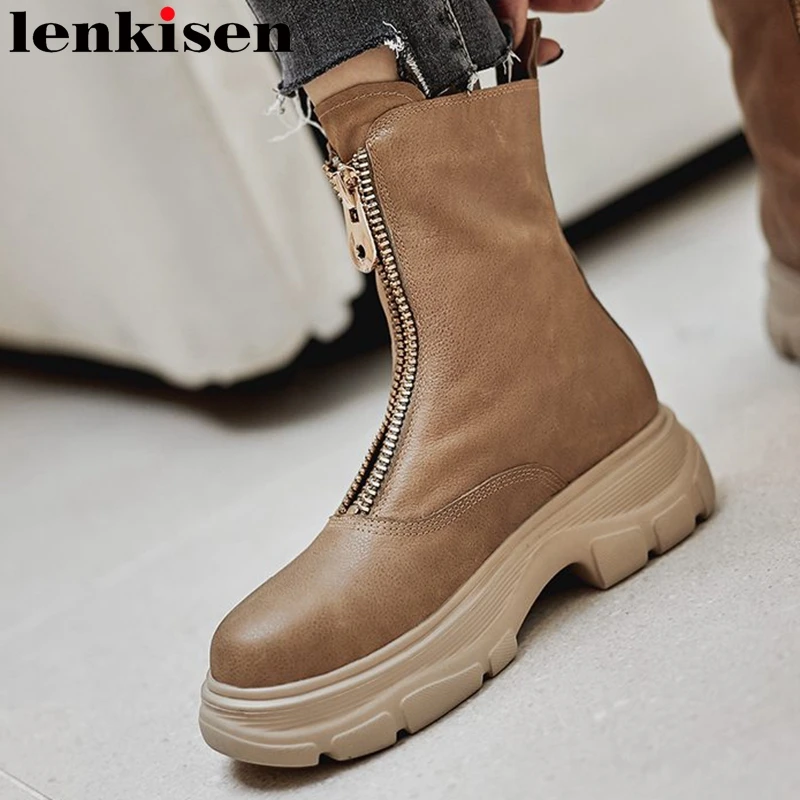 

Ботинки-челси Lenkisen из натуральной коровьей кожи, зимние модные водонепроницаемые ботильоны в стиле ретро с круглым носком на толстом высок...