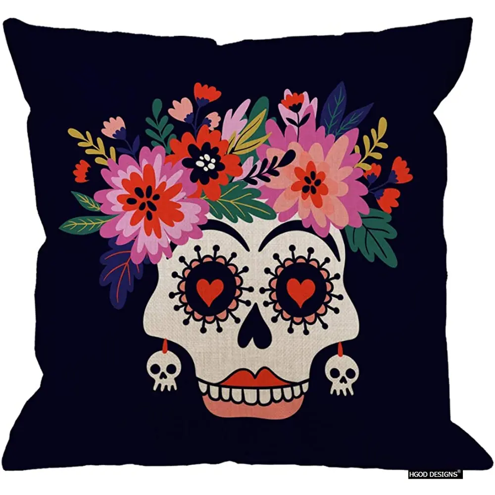 

Чехол HGOD с дизайном, Смешные Женские наволочки из хлопка и льна с изображением черепа с венком цветов на Хэллоуин