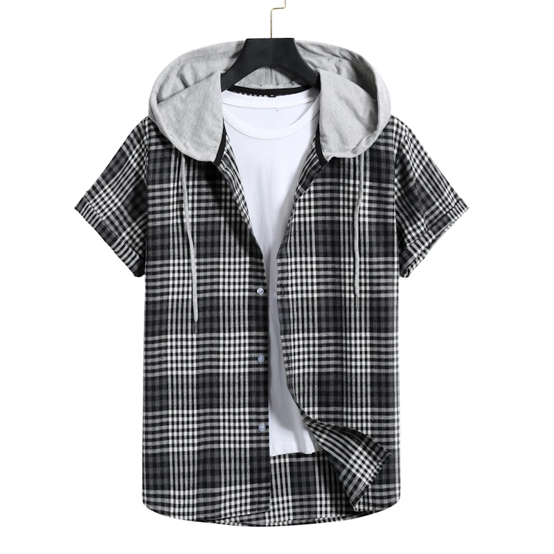 2021 Summer New Style Men's Casual Checkered Short-sleeved  Hooded Shirts