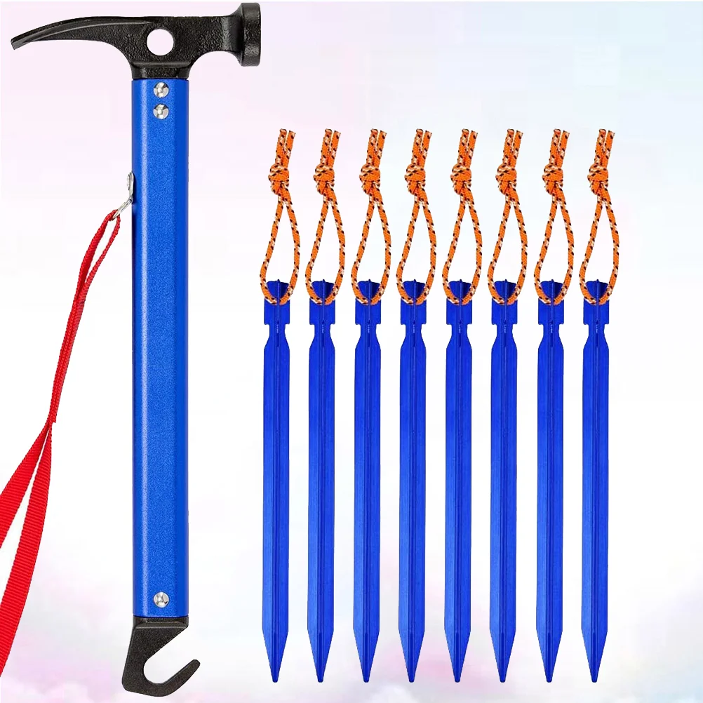

9pcs Outdoor Climbing Tent Nail Camping Tent Ground Nail Multi-functional Nail Hammer (1pcs Blue Hammer, 8pcs Blue Ground Nails)