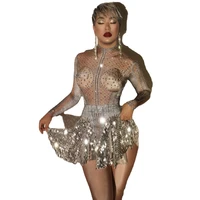shining silver rhinestone sequins party birthday dress women long sleeve stretch nightclub outfit dance costume stage show wear