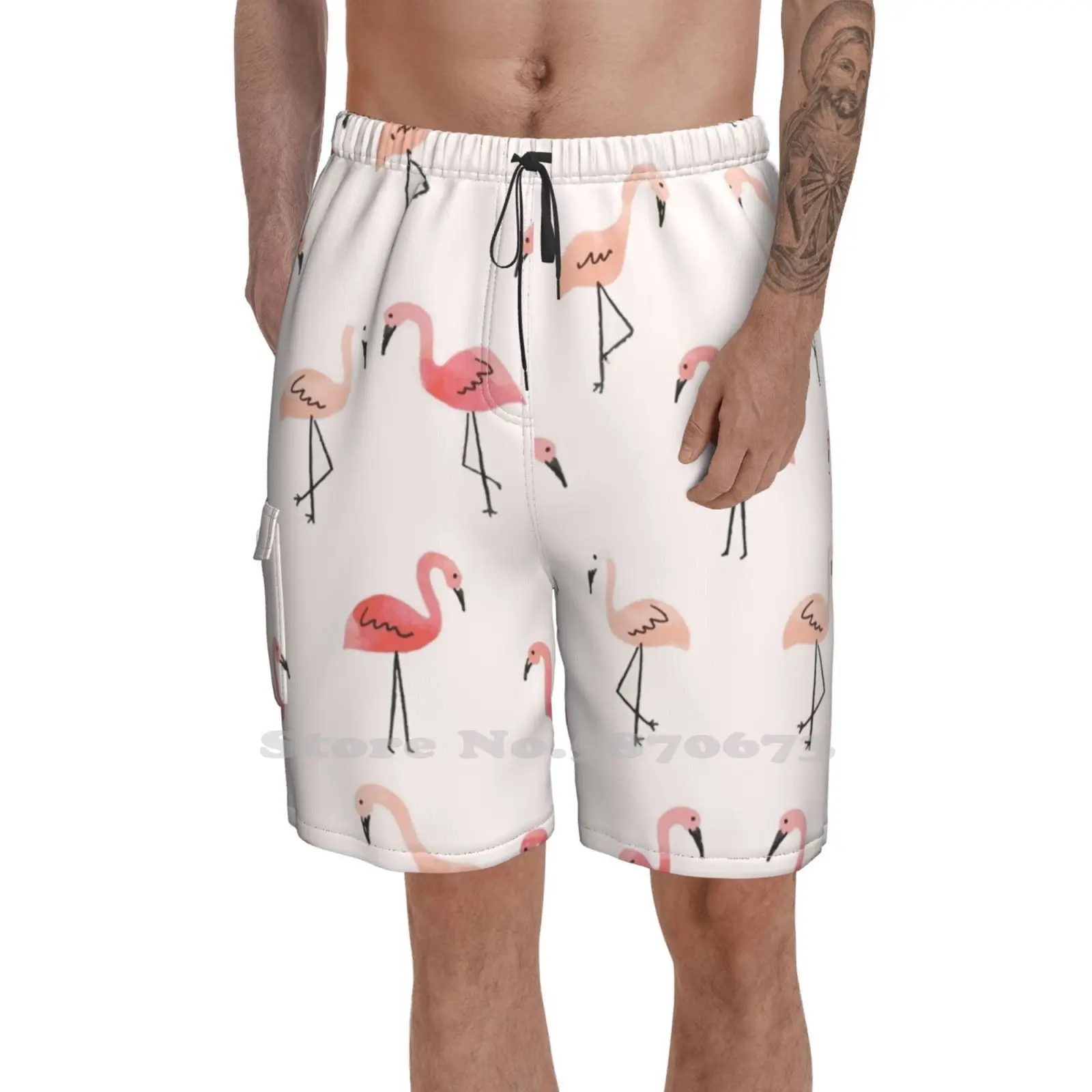 

Flamingos Summer Mens Casual Shorts Gym Training Flamingo Mbjp Flamingo Pattern Pink Coral Bird Watercolor Aquarela Aqua Pastel