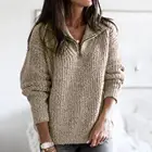 Женский свитер на молнии, удобный вязаный свитер из спандекса с длинным рукавом и V-образным вырезом для повседневной жизни