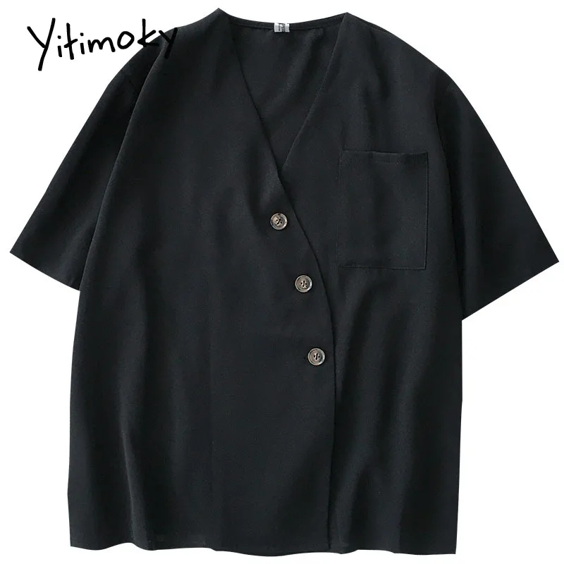 

Yitimoky Women Shirts Spring Summer New Korean Fashion Simply Style Short Sleeve Turn-down Collar Casual Vintage Straight Top