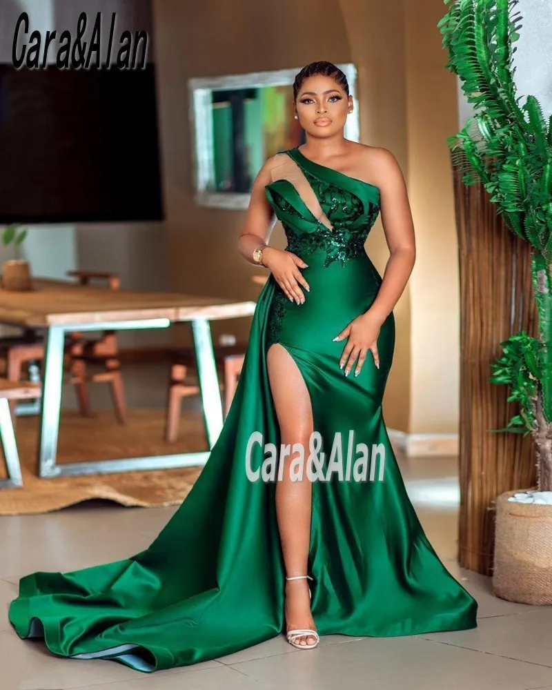 

Hunter Green Evening Dresses 2021 One Shoudler High Side Split Aso Ebi Prom Dress Long Sweep Vestidos De Fiesta Party Gowns