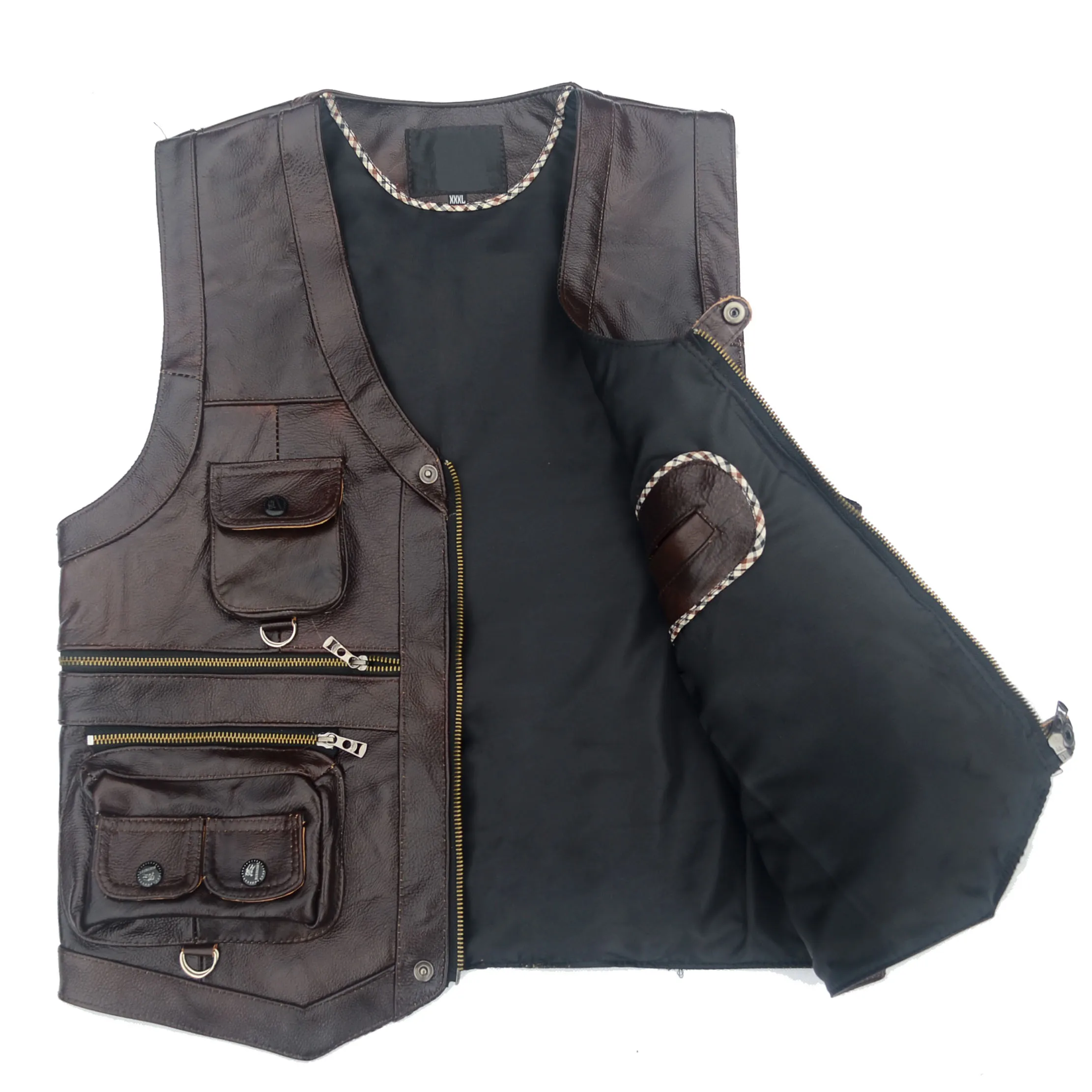 

Men's Autumn Pu Leather Vest Multi-Pockets Zippers V-Neck Large Size Jackets Male Work Fishing Casual Outdoors Waistcoats D650