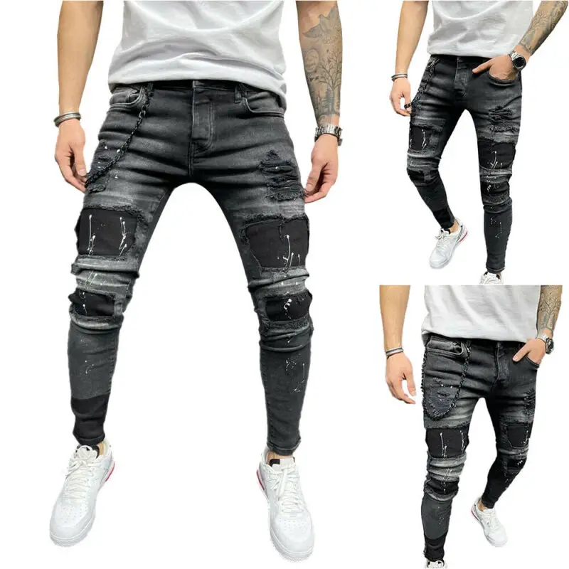 

Men Distressed Ripped Skinny Jeans Pants Slim Trousers Jeggings Denim Bottoms