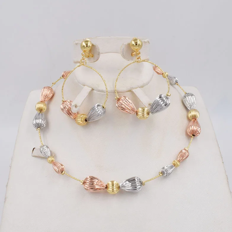 

High Quality Dubai 3color Gold color Jewelry Set For Women african beads jewlery fashion necklace set earring jewelry
