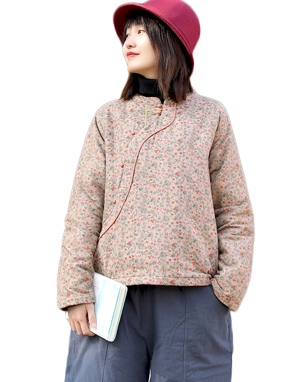 Фото LZJN Women Short Quilted Jacket Floral Printed Cotton Brushed Retro Chinese Slant Collar Warm Coat Padded Outerwear Женская одежда LZJN Women Short Quilted Jacket Floral Printed Cotton Brushed Retro Chinese Slant Collar Warm Coat Padded Outerwear Женская одежда