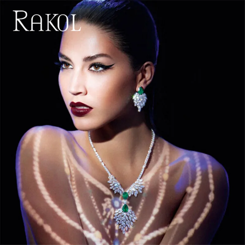 RAKOL High Quality Blue Zirconia Rhinestone Fashion Jewellery Wedding Jewelry Sets Long Crystal Drop Bridal Necklace And Earring | Украшения