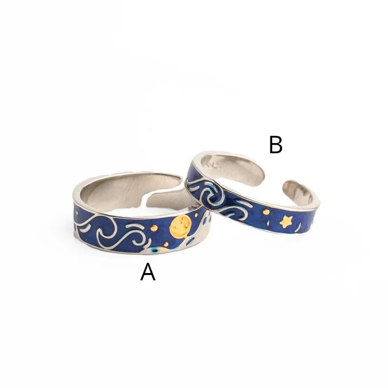 

925 Sterling Silver Star Blue Night Sky Pattern Couple Ring Korean Fashion Romance Finger Women Jewelry Party Gift