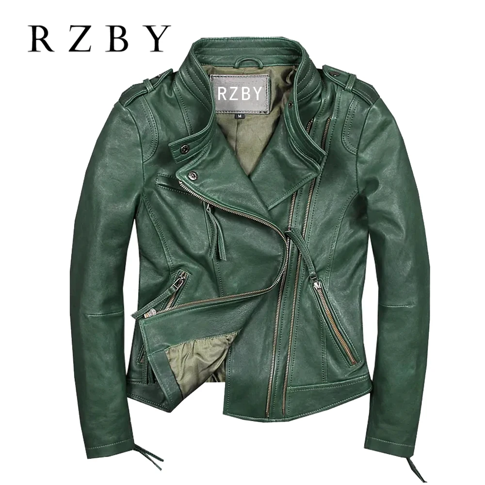 

Women Genuine Leather Jacket 100% Natural Sheepskin Jaqueta De Couro Feminina Autumn New Green Solid Trendy Veste Femme RZBY650
