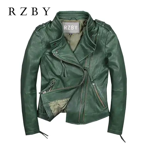 Женская куртка из натуральной кожи, осенняя куртка из 100% натуральной овечьей шкуры, Новая зеленая однотонная модная женская куртка RZBY650