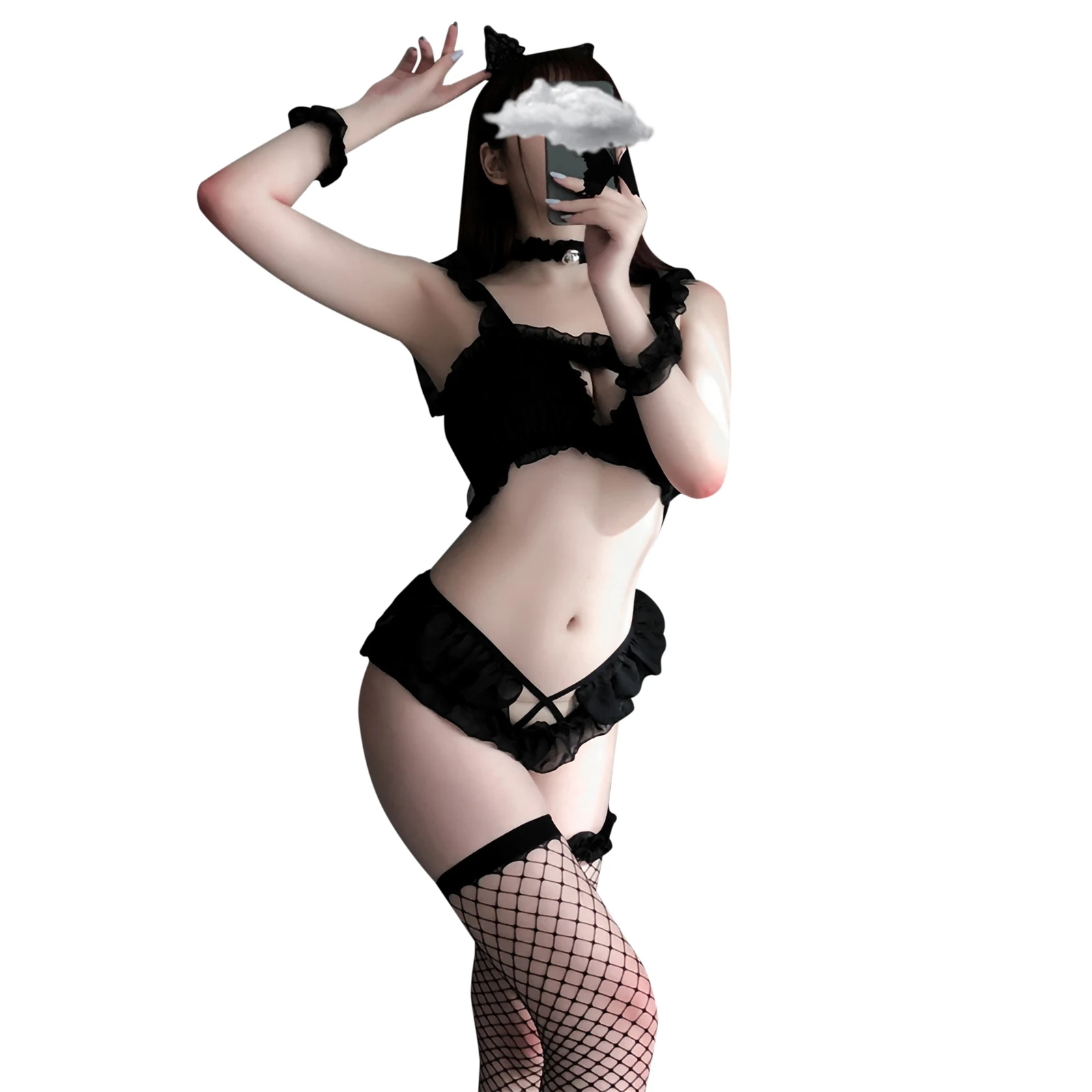 

2021 Women Nightwear Suit, Hollow Vest, Flouncing Briefs, Ruffle Necklace Leg Hand Sleeves, Floral Pleated 7pcs Sexy Lingerie