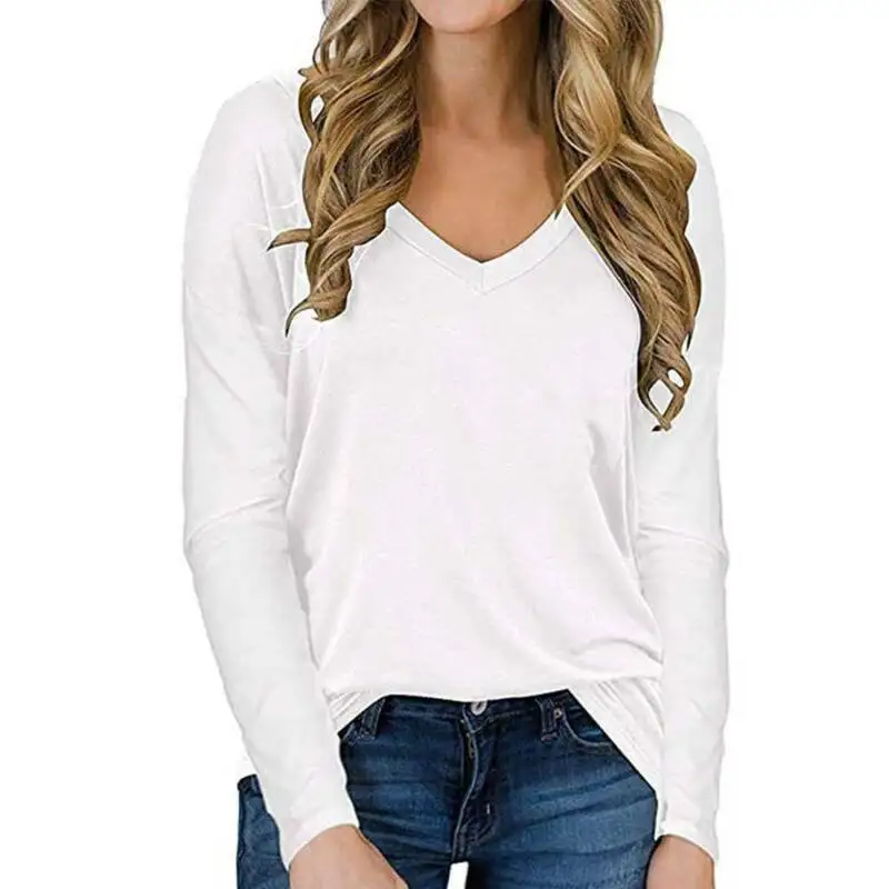 

Women Ladies Solid V-Neck Long Sleeve T-shirt Blouse Autumn Casual Loose Tops