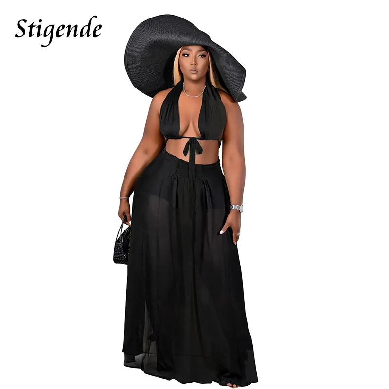 

Stigende Summer Chiffon Two Piece Set Women Beach Cover Up Skirt Swimwear Sexy See Through Bandage Bra and Long Skirt Swimsuit