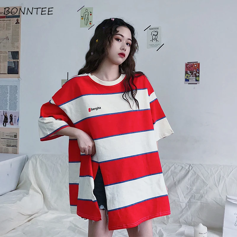 Женские футболки большого размера женские летние полосатые топы BF для студентов
