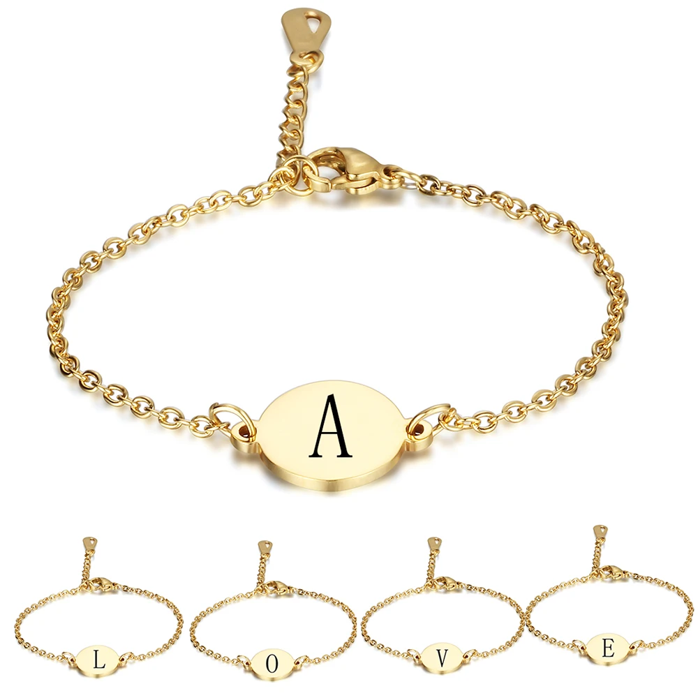 Fashion Letter Engraved Bracelets For Women Gold Color Stainless Steel Chain Link Jewelry Pulseras Mujer Length Adjustable