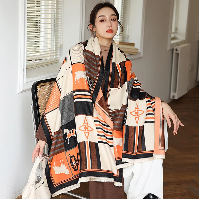 

New Women Cashmere Thick Warm Scarf Hijab Horse Print Winter Thick Blanket 180*65cm Female Bufanda Headkerchief Echarpe