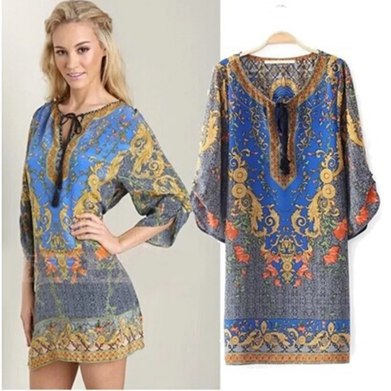 Летнее винтажное женское богемное шифоновое цельное платье с принтом в