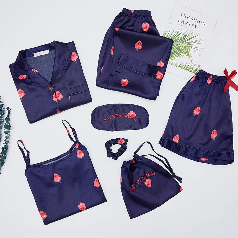 7 Pieces Set Ice Silk Pajamas Woman Printing Fashion Long Sleeve Nightdress Shorts Trousers Pijama | Женская одежда