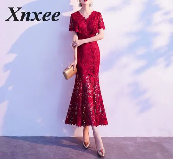 Xnxee сексуальное однотонное Красное Кружевное длинное платье с длинным рукавом, женские зимние платья, новинка, Vestidos, модное вечернее платье, Vestiod - Цвет: Red wine 1