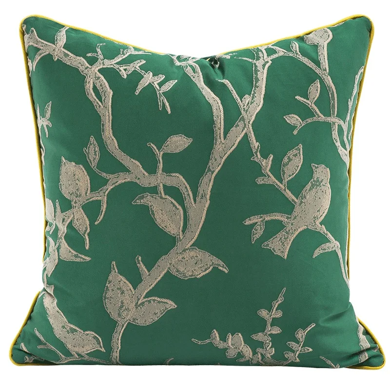 DUNXDECO Cushion Cover Decorative Pillow Case Modern Chinese Simple Birds Tree Jacquard Lush Green Elegant Coussin Sofa Decorate | Дом и сад