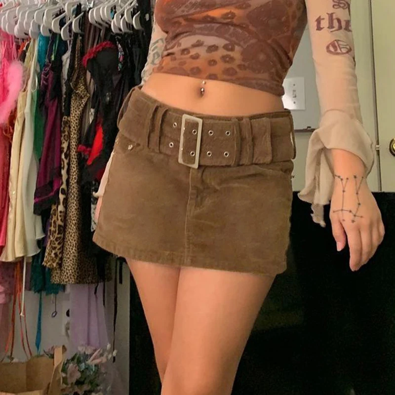 

Vintage Corduroy Women's Mini Skirt With Sashes Streetwear E Girl Party 90s Outfits High Waist Short Skirts