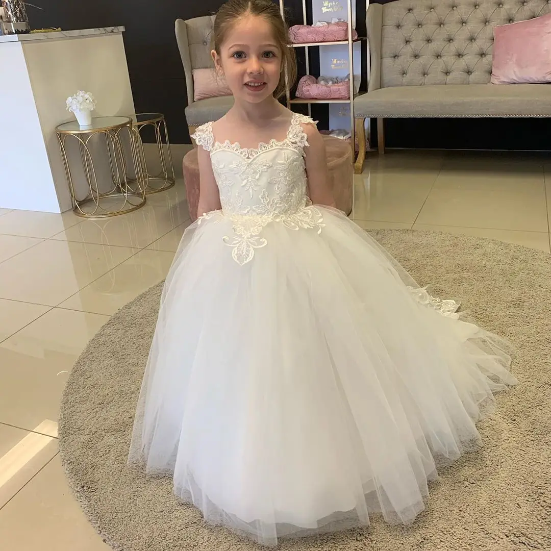 

White Ball Gown Flower Girl Dresses for Weddings Sheer Neck Appliques Child Birthday Party Gowns First Communion Dress