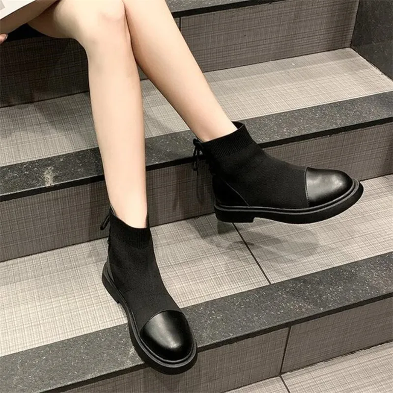 

2021 women's fashion PU leather stitching boots ladies faux suede flat bottom ankle boots winter warm comfortable boots