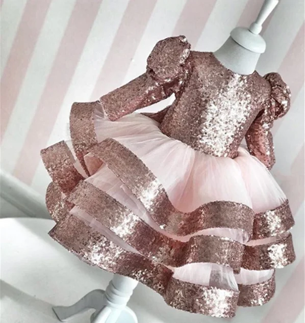 Champagne Gold Sequins Long Sleeve Baby Girl Dress Sheer Neck Kids First Birthday Dress Party Gown with Bow