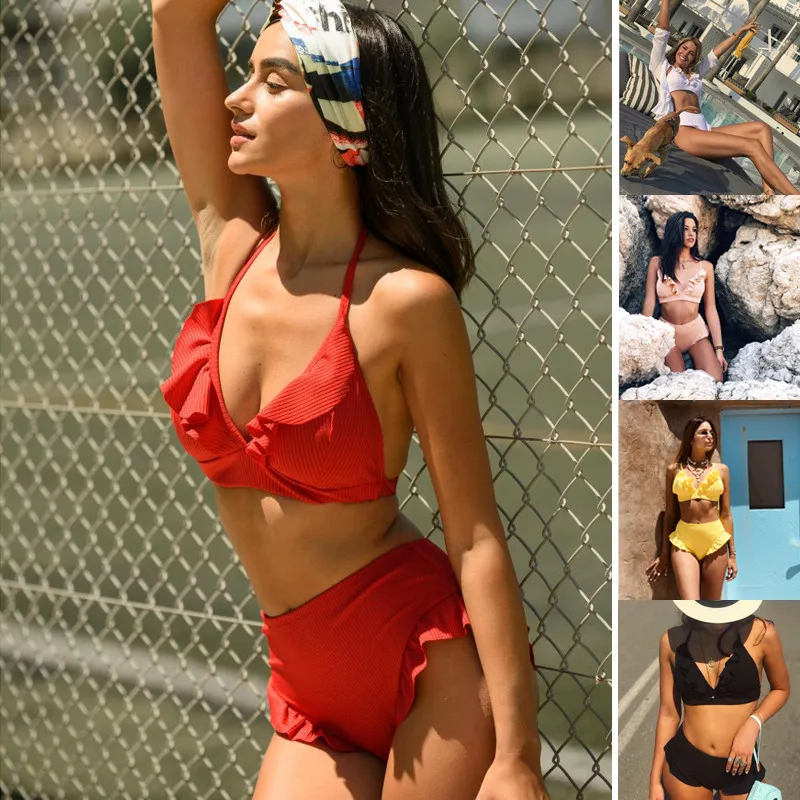 

Новинка 2020, женский купальник с пуш-ап подкладкой, Цельный купальник с бретельками, с резьбой, с оборками, с высокой талией, бикини с ремешком...