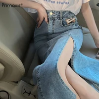 primaxis 2021 new summer long high waisted slim split denim jeans traf skirt female straight side split a line pencil skirts