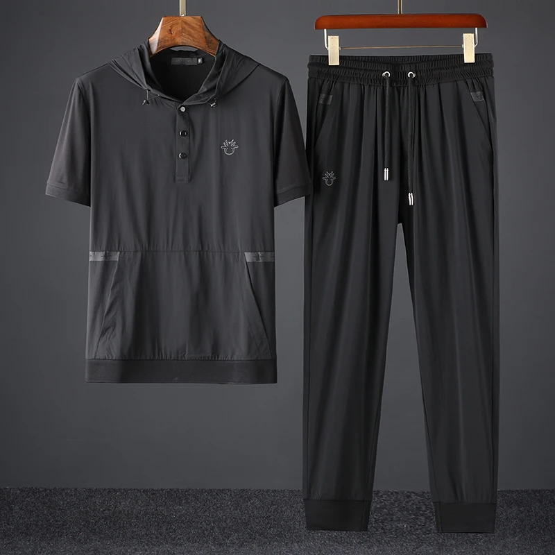 

Summer high end splicing ultra thin ice silk two piece suit men's summer trend hooded leisure sports suit men's
