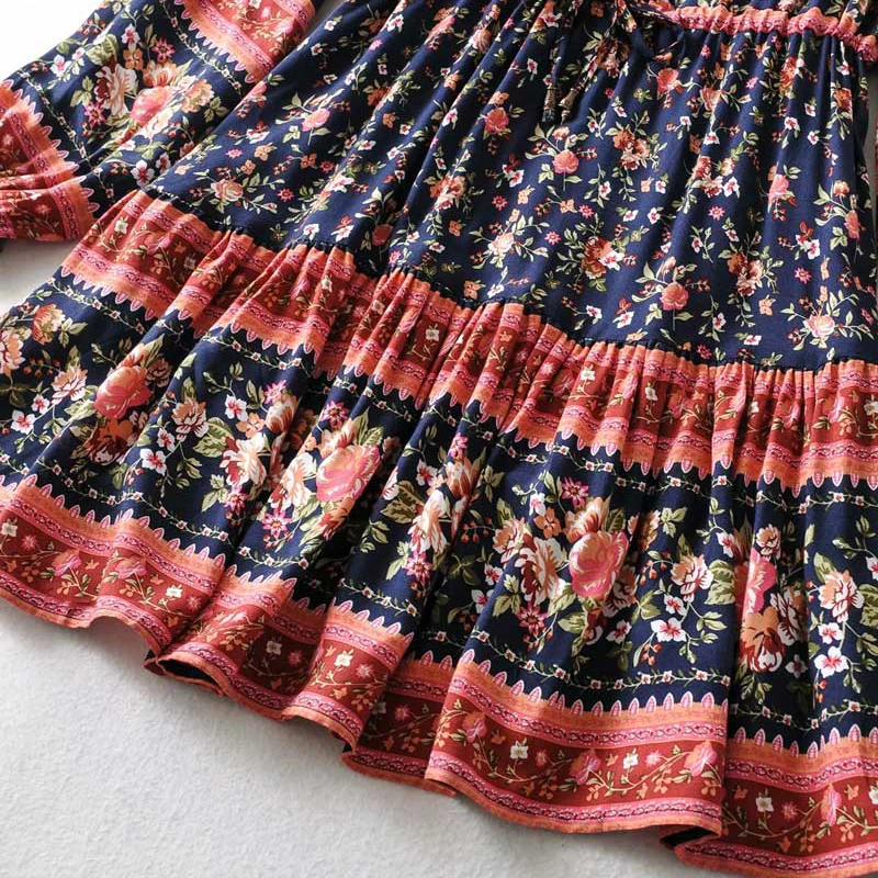 

GypsyLady Boho Floral Print Mini Dress Holiday Vintage Mini Dresses Women Autumn Button Front Chic Ladies Spring Casual Dress