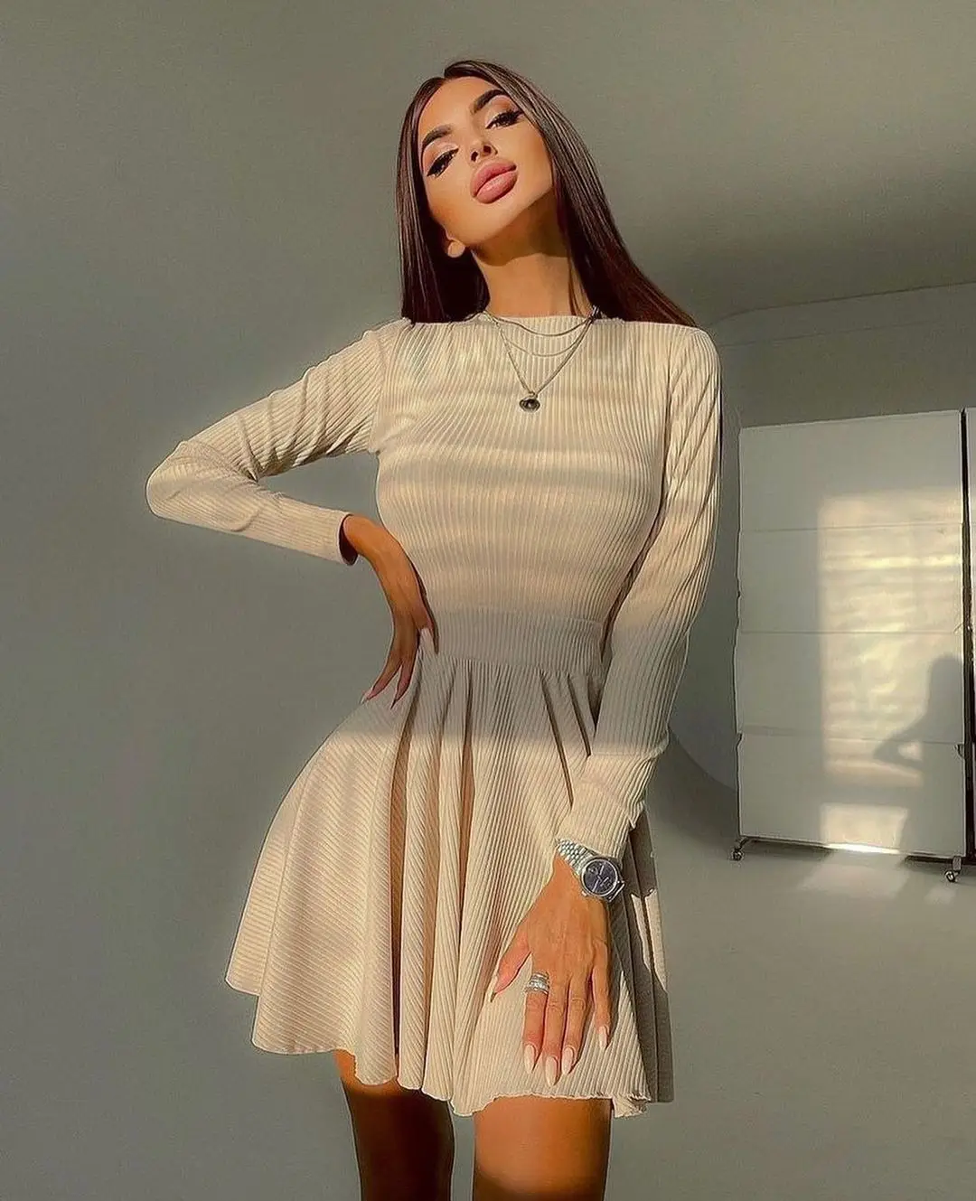 

Casual Sexy round neck solid color back hollow A-line skirt long sleeve party dress traf women robe femme snidel shein official