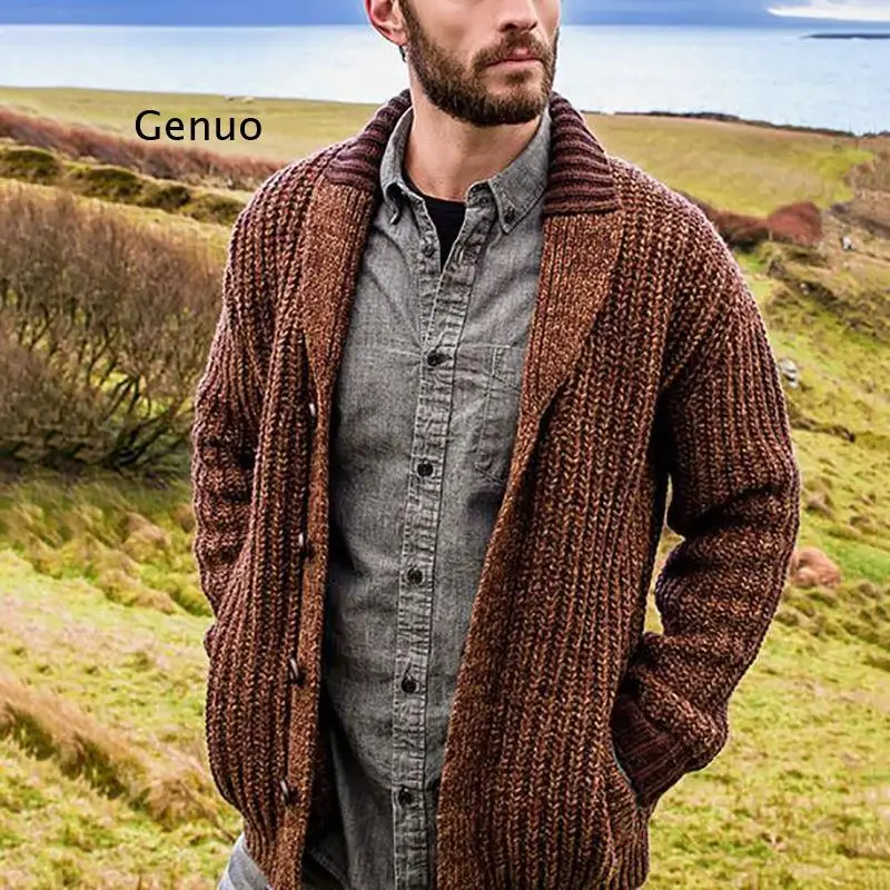 Sweater Men Knitted Cardigans Cardigan Fluffy Knitwear Top Men Sweater Solid Color Long Sleeve Warm Knitted Lapel Cardigan Coat
