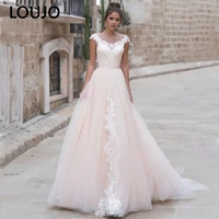 luojo vestido de noiva blush pink tulle lace applique wedding dresses cap sleeves illusion floor length modest bride gown a line