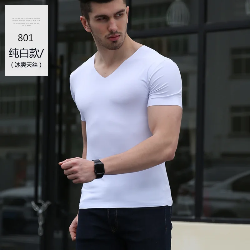 Летняя мода тонкая мужская футболка с коротким рукавом чистый цвет бесследный v