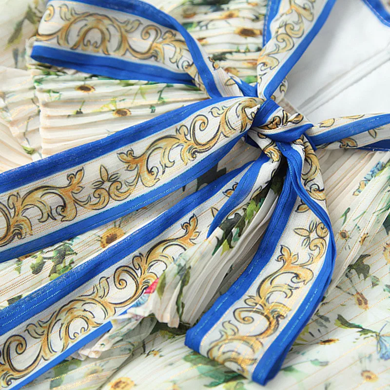 

Summer Fashion Runway Short Sleeve Bow Collar Ruffles Print Vintage Aline Floral Dress for Women 2021 Casual Holiday Vestidos