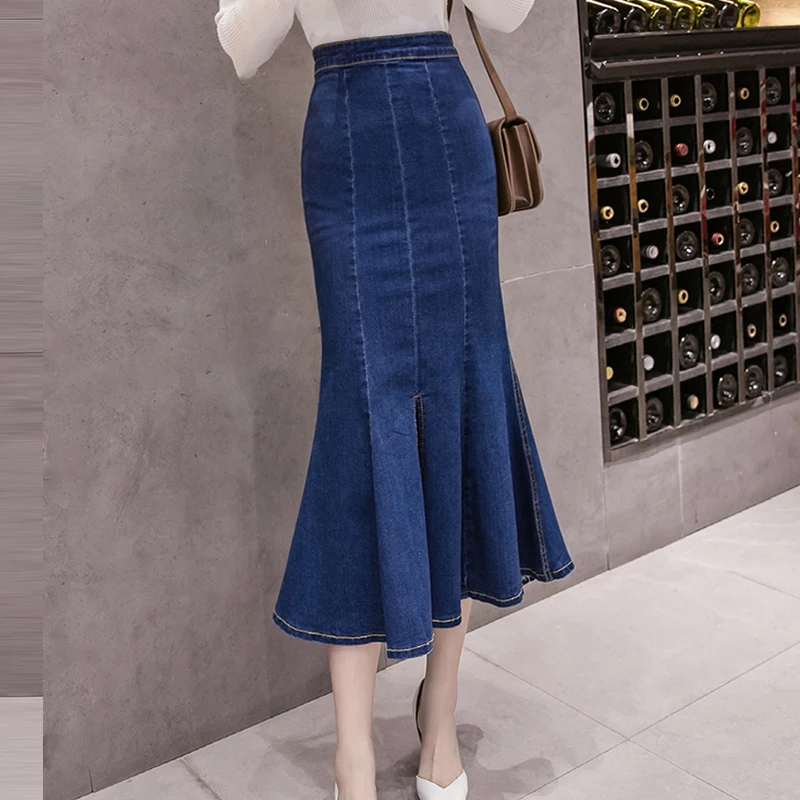 

New 2021 Fish Tail Denim Skirt Women Mid-Calf Mermaid Trumpet Long Skirt Ruffles Zipper Empire High Waist Jeans Stretchy