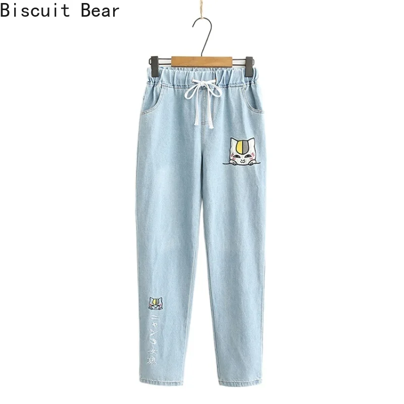 

2021 New Spring Fashion Cartoon Cat Embroidery Wash Jeans Elastic Waist Loose Casual Denim Ankle Leng Pants Women Basic Trousers