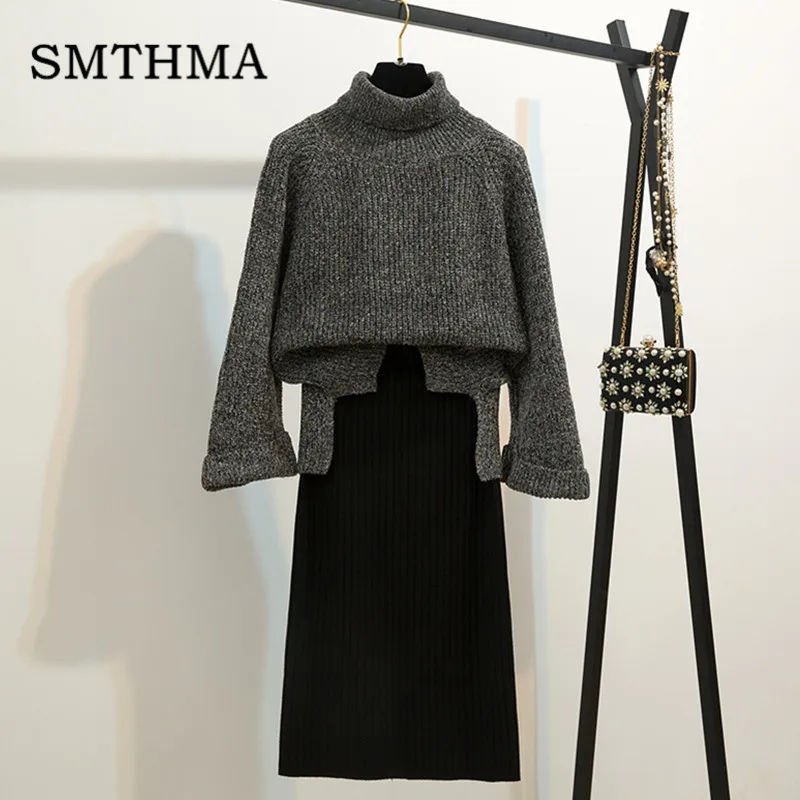 Sweater Suit Зимний подиум для женщин Oufits вязаный комплект из двух предметов свободный длинный рукав водолазка джемпер пуловер свитер+ юбка комплект свитер - Цвет: Sweater Suit