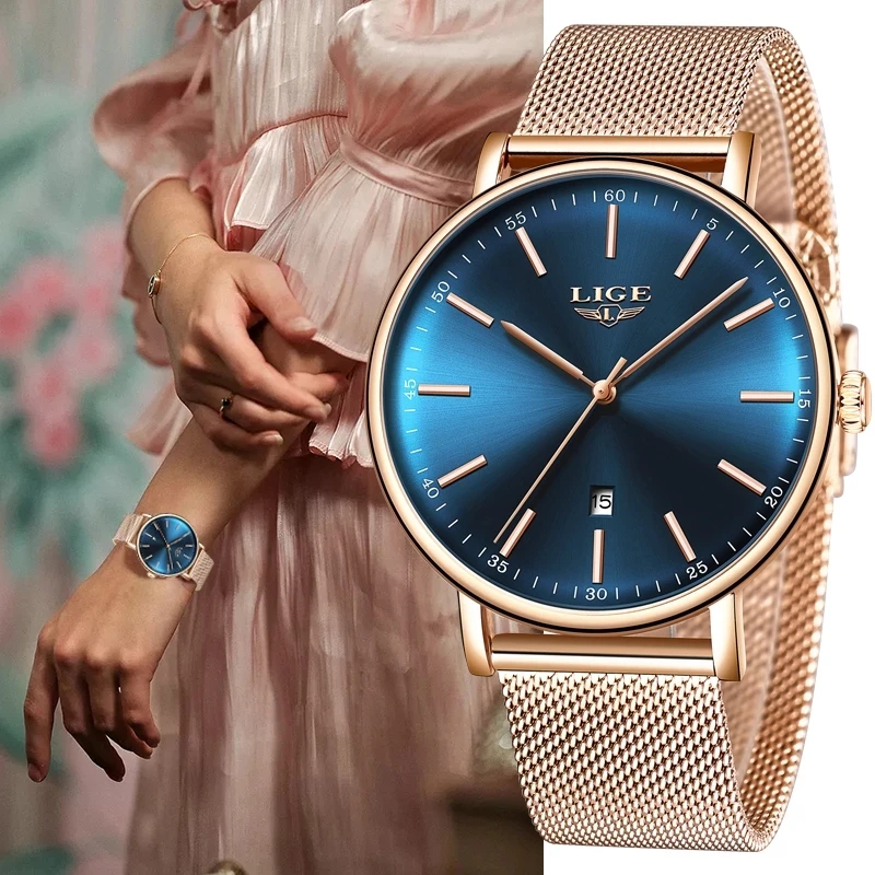 2021 LIGE Rose Gold Women Watch Business Quartz Watch Ladies Top Brand Luxury Female Wrist Watch Girls Clock Relogio Feminin+Box