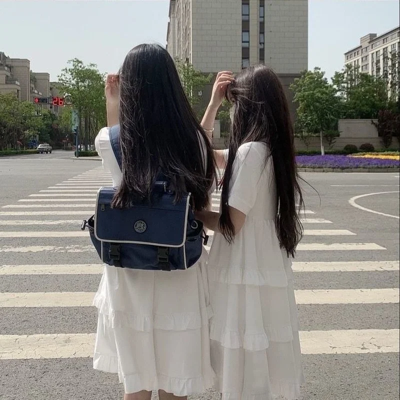 

QWEEK Summer White Dress 2021 Fashion Women Japanese Harajuku Short Sleeve Ruffle Kawaii Cute Dress Korean Style Girls Couples