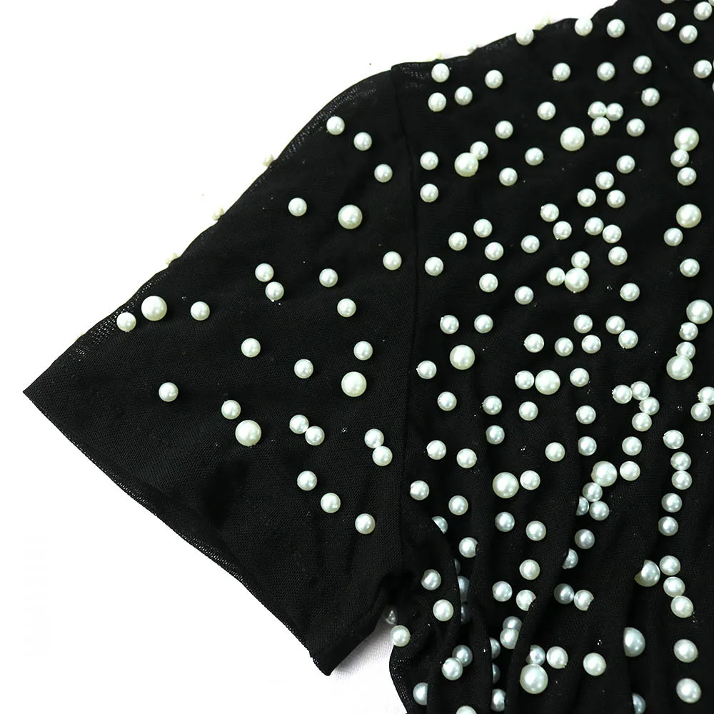 

African Women Sexy Elagent Dress Mesh Patchwork Bead Split Bodycon High Waist Party Cocktail Dresses Summer Pearl Heavy Industry