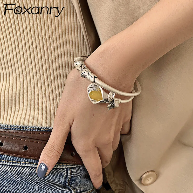

Foxanry Vintage Handmade Silver Color Bracelet INS Fashion Creative Flower Bangles Ethnic Jewelry Party Gifts for Women